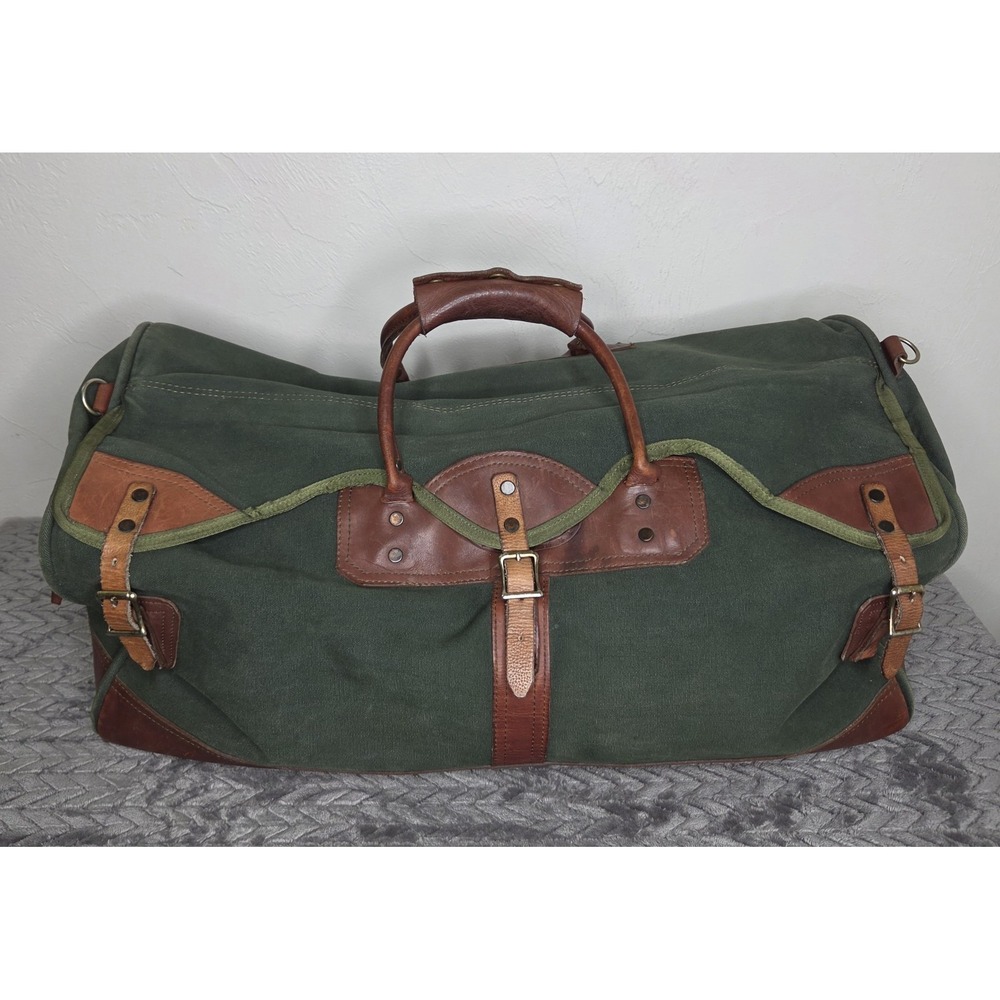Vintage Orvis Battenkill Leather Duffel Bag Green Brown Leather Travel Weekender